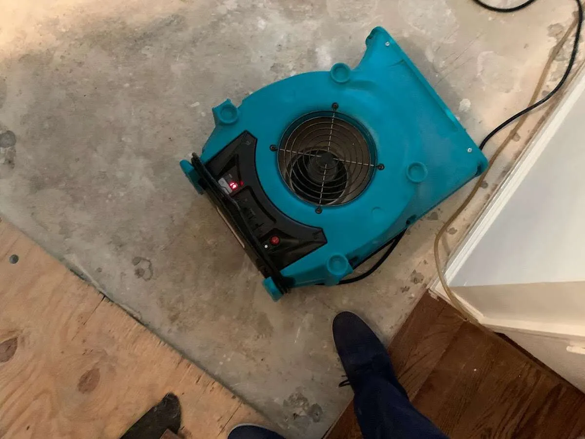 Air mover drying subfloor during Commercial Water Damage Restoration in Bow